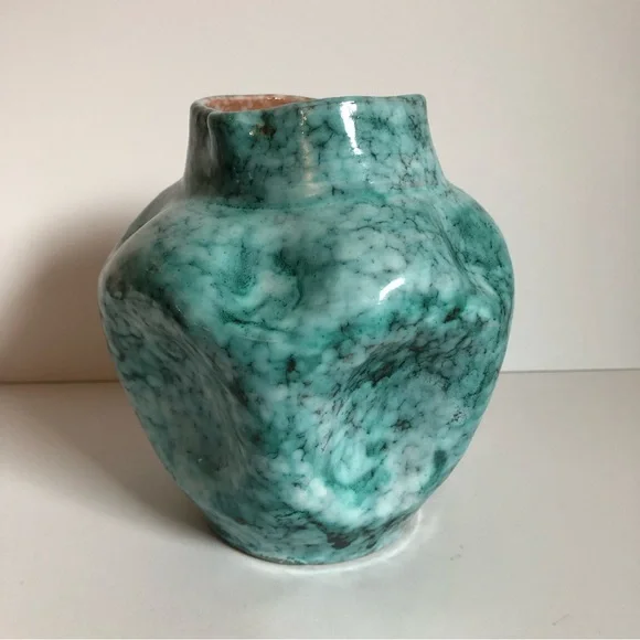 Vintage MCM Made in Italy pottery vase marbled aqua pinched organic midcentury - Picture 12 of 12